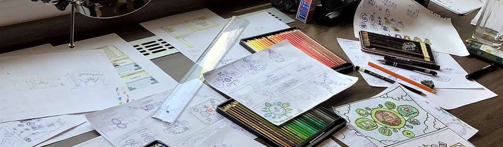 My work table full of designs and plans for the app.